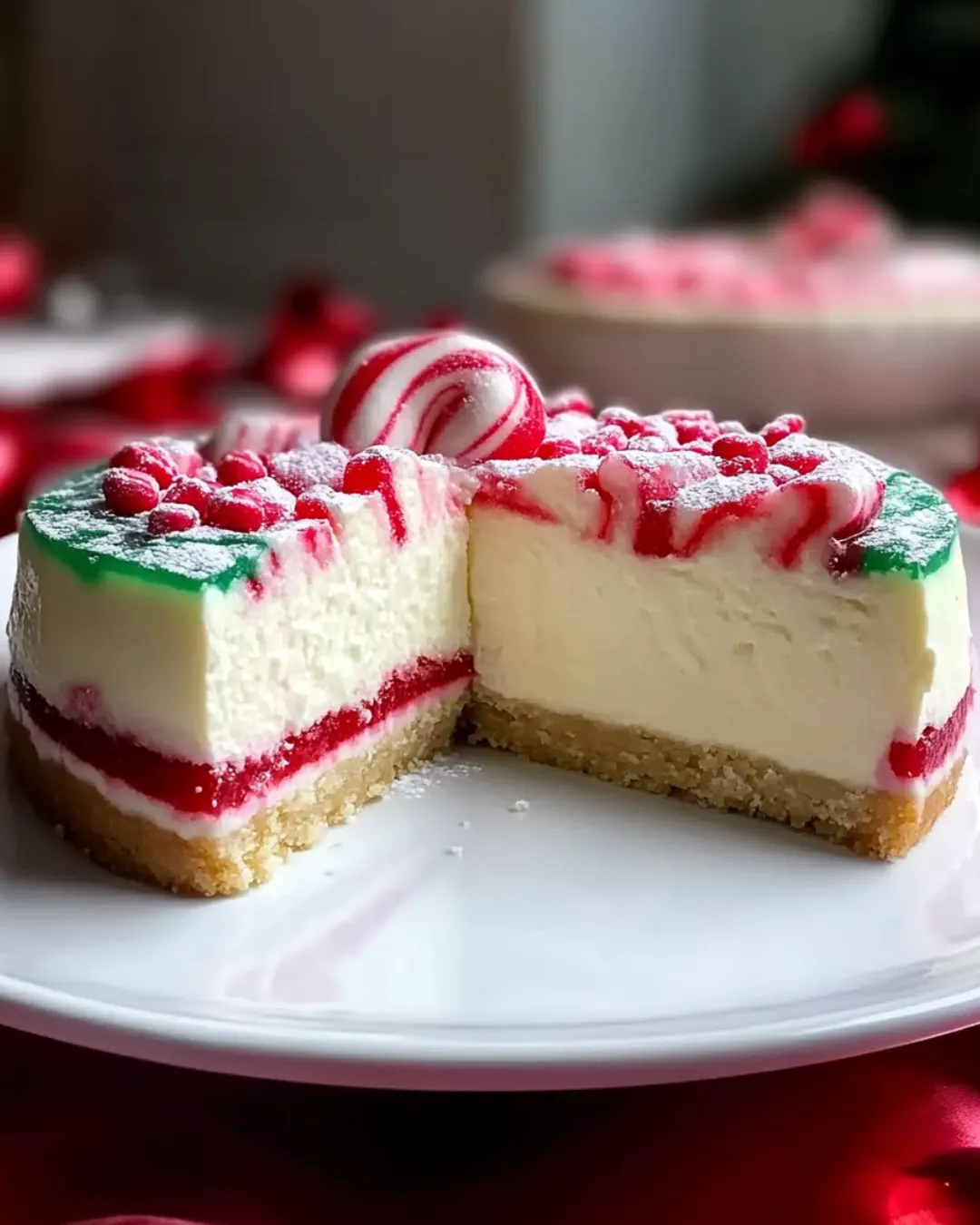 Candy Cane Cheesecake with Sugar Cookie Crust