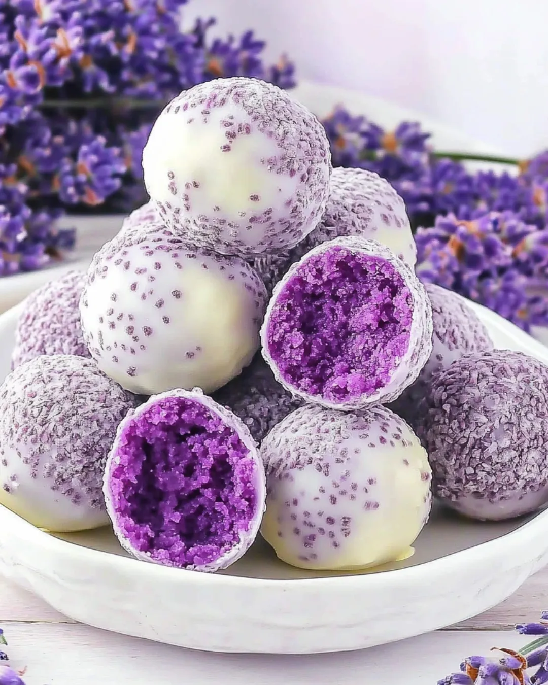 Lavender truffles garnished with fresh lavender on a plate