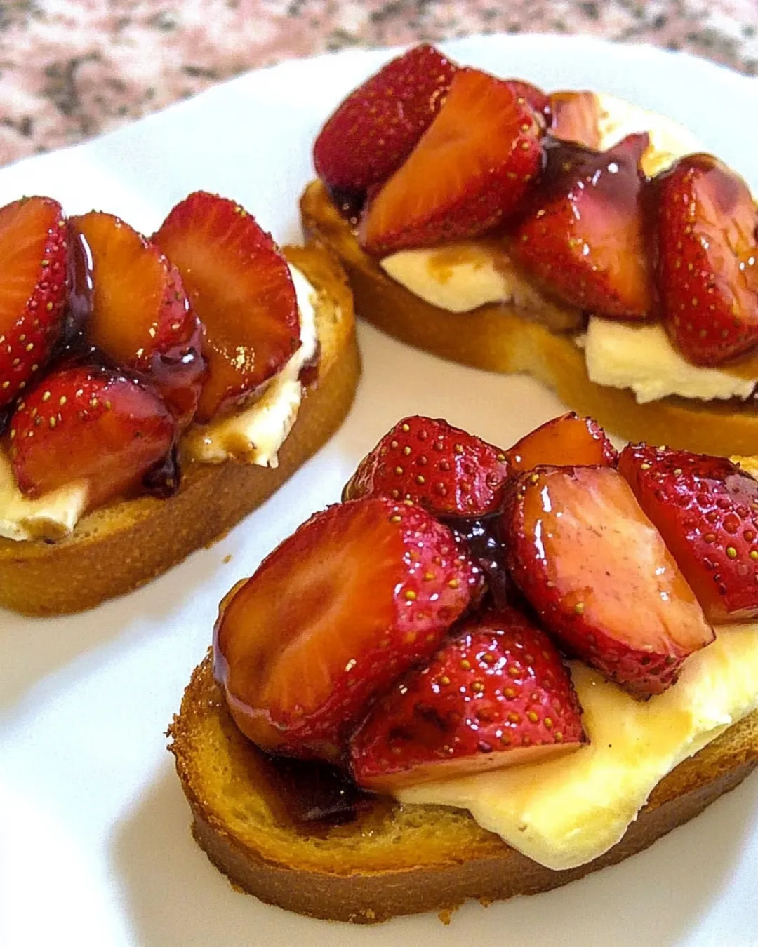 Crispy crostini topped with balsamic roasted strawberries and creamy brie cheese, garnished with fresh basil.