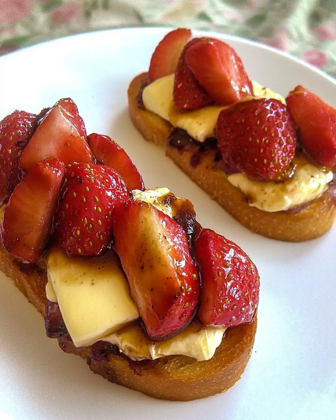 Crostini with balsamic strawberries, creamy brie, and fresh basil.