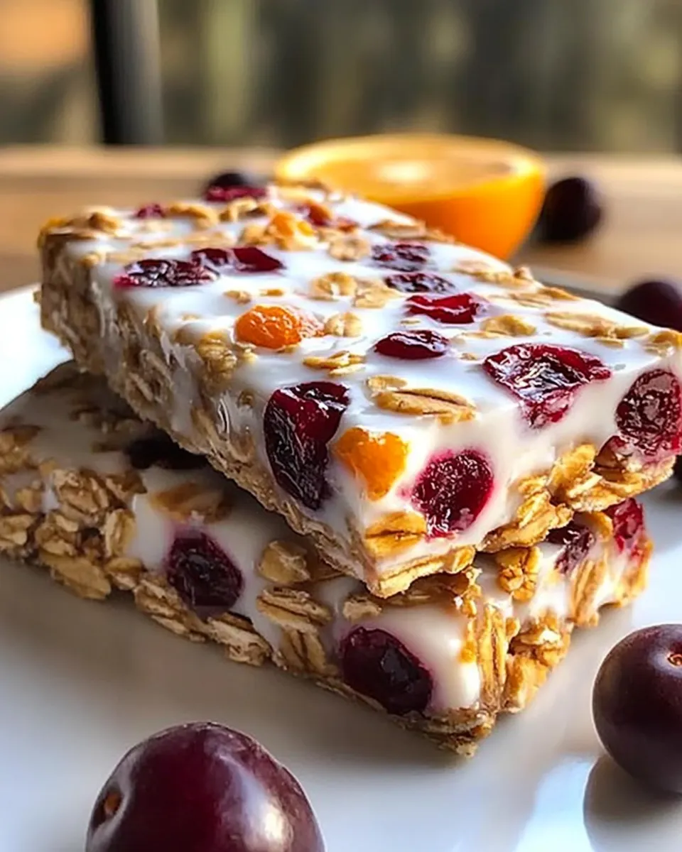 Delicious Cranberry Orange Greek Yogurt Granola Bars with dried cranberries and orange zest, perfect for a healthy snack or breakfast.