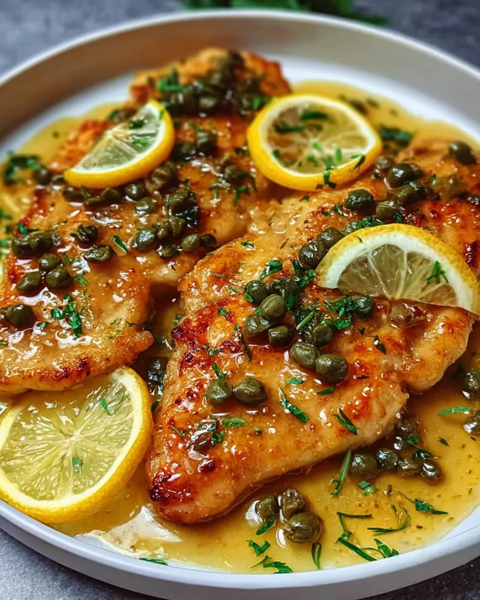 Mediterranean Style Chicken Piccata on white plate with lemon and capers