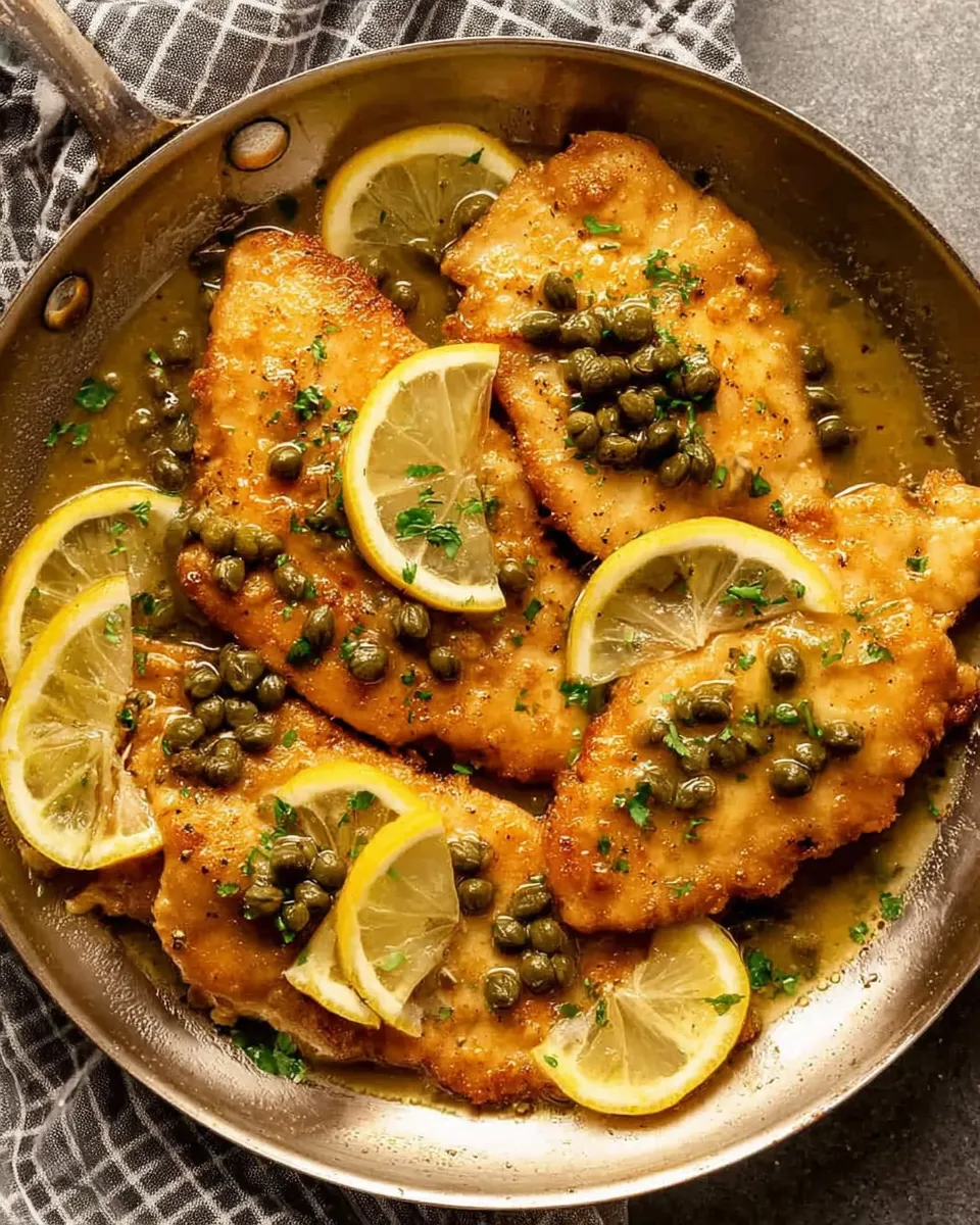 Chicken cooking in skillet for lemon chicken piccata