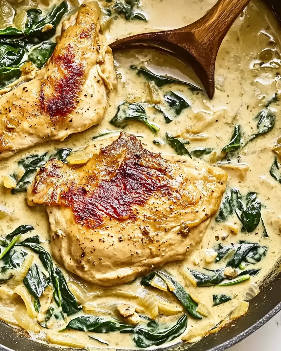 Creamy Garlic Chicken with Spinach in a rich, savory sauce served in a skillet.