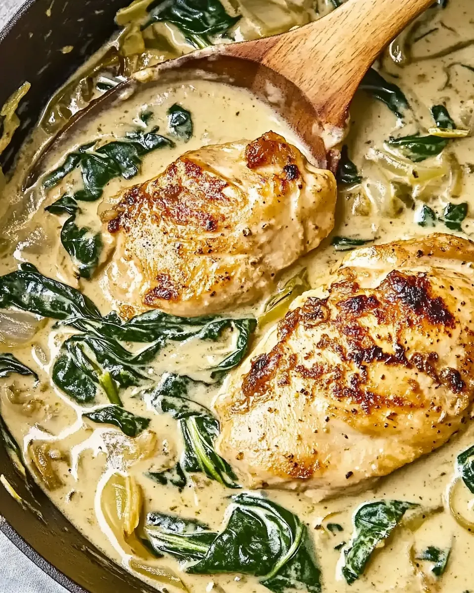 Creamy Garlic Chicken with Spinach in a rich, savory sauce served in a skillet.