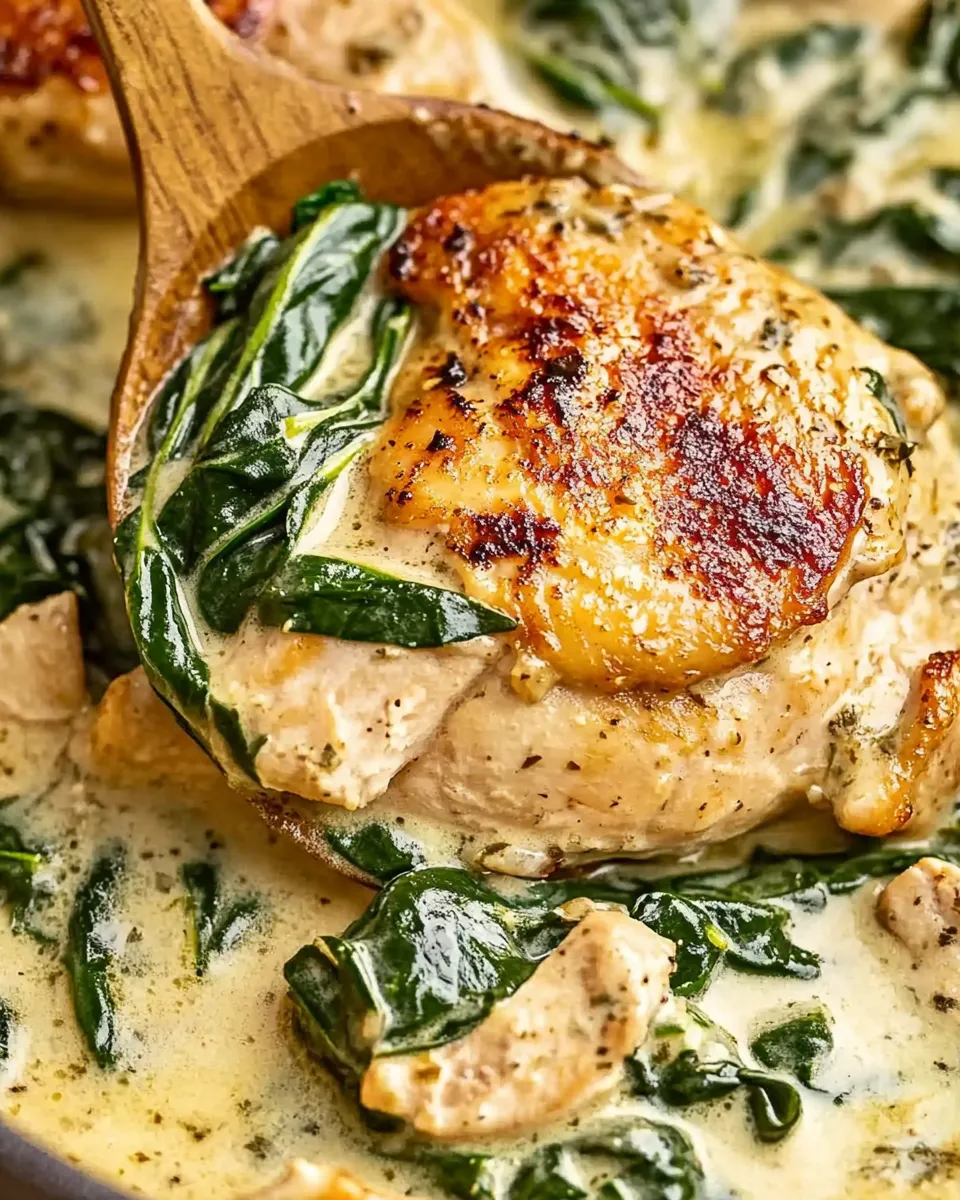 Creamy Garlic Chicken with Spinach in a rich, savory sauce served in a skillet.