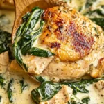 Creamy Garlic Chicken with Spinach in a rich, savory sauce served in a skillet.