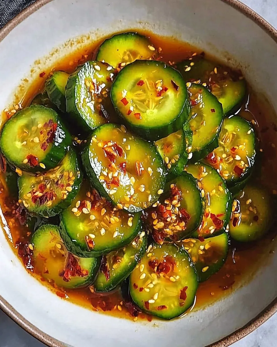 Easy Asian Cucumber Salad with sliced cucumbers, sesame seeds, and a light dressing in a bowl.