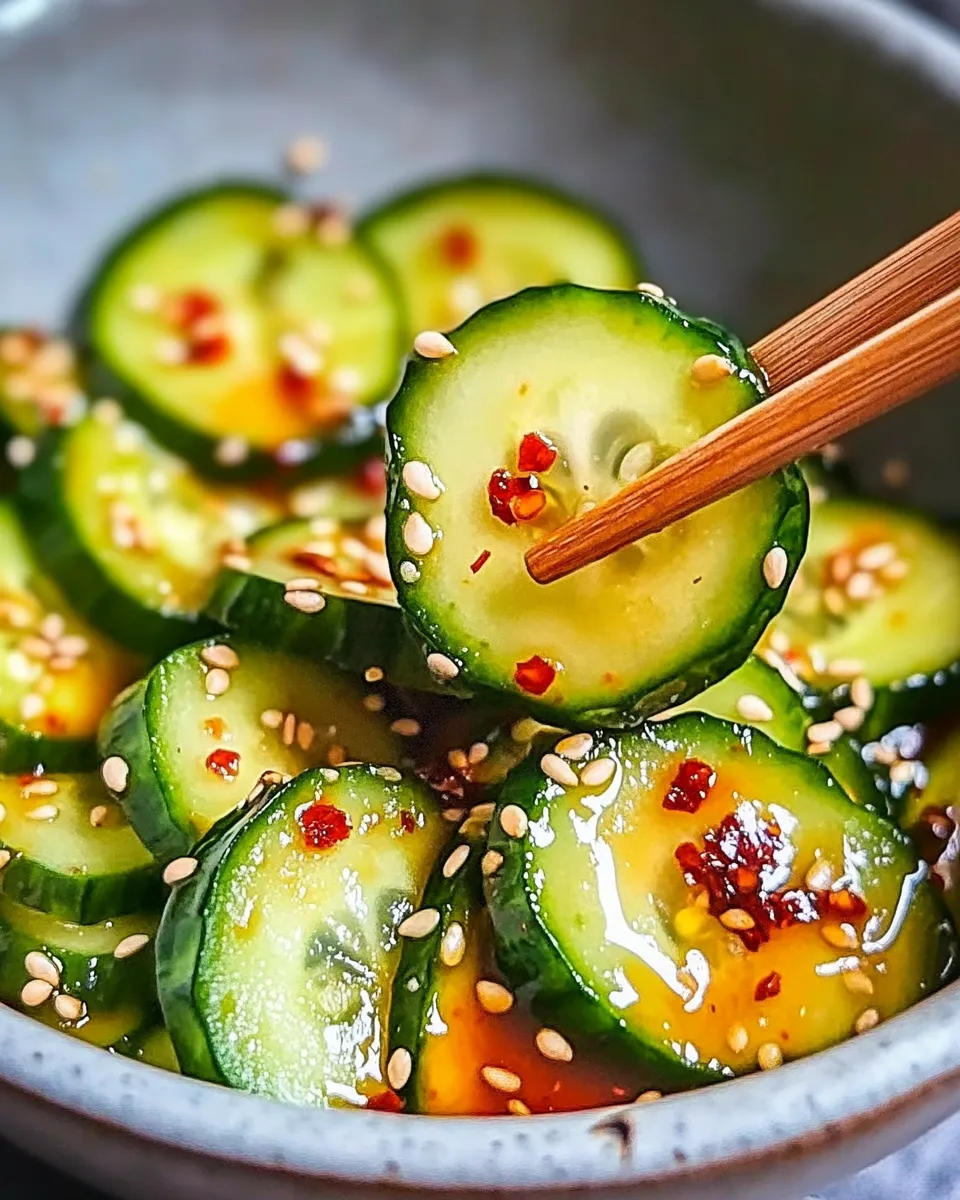 Easy Asian Cucumber Salad with sliced cucumbers, sesame seeds, and a light dressing in a bowl.