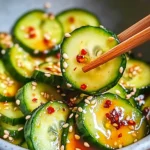 Easy Asian Cucumber Salad with sliced cucumbers, sesame seeds, and a light dressing in a bowl.