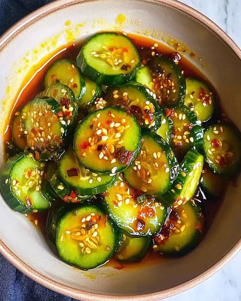 Easy Asian Cucumber Salad with sliced cucumbers, sesame seeds, and a light dressing in a bowl.
