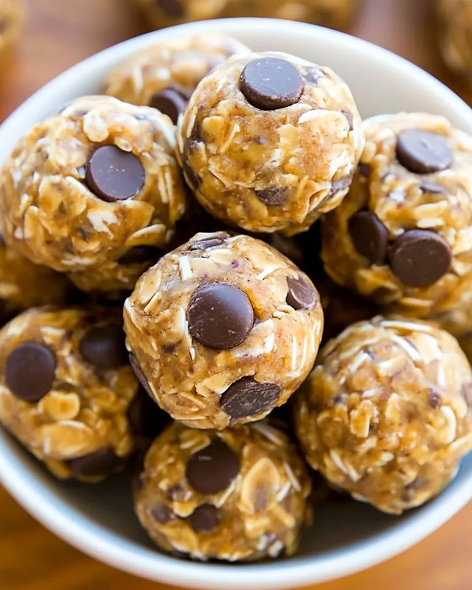 No-Bake Energy Balls made with oats, peanut butter, honey, and chocolate chips on a plate.