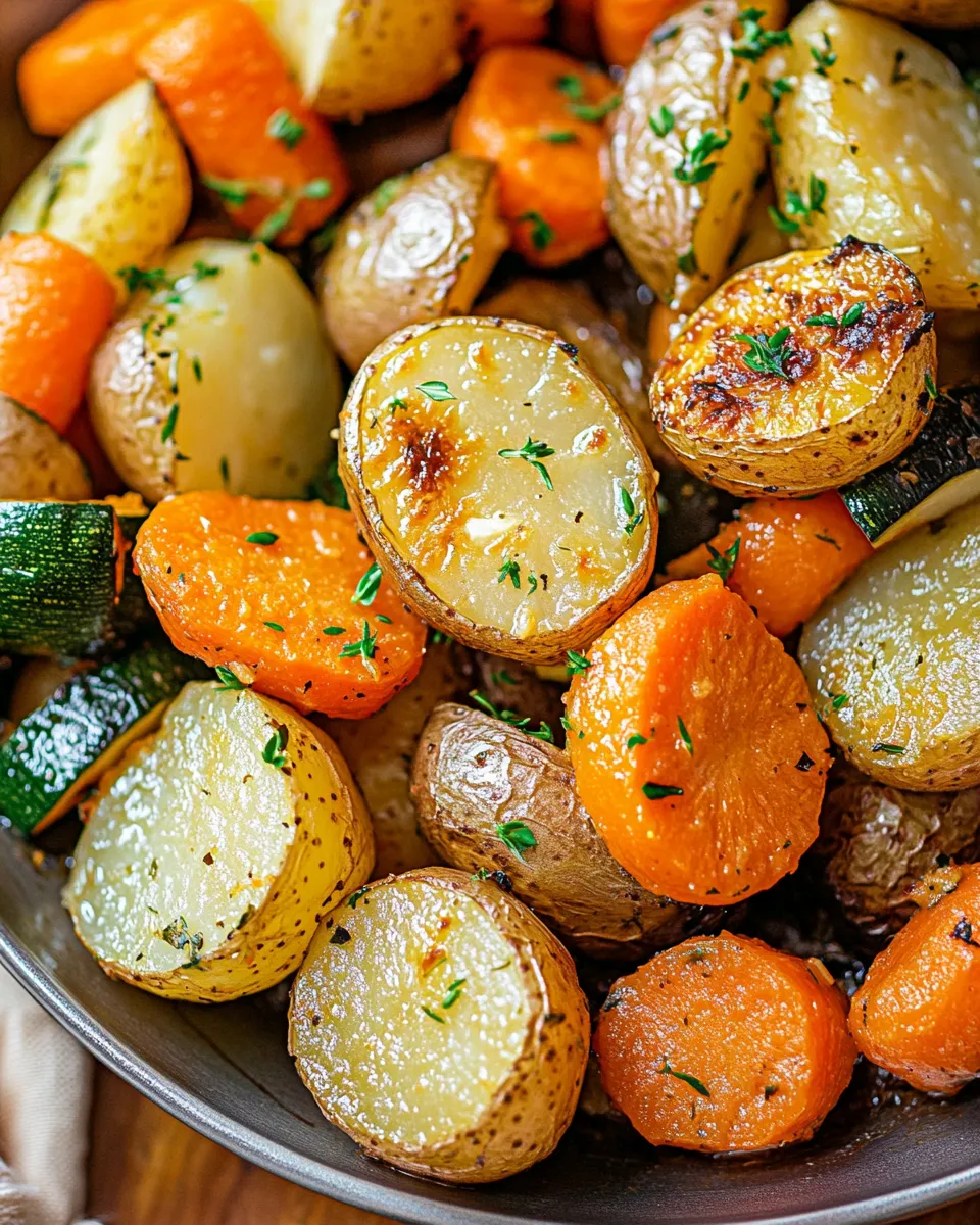 Garlic Herb Roasted Potatoes, Carrots, and Zucchini on a baking sheet with a golden, crispy finish.