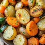 Garlic Herb Roasted Potatoes, Carrots, and Zucchini on a baking sheet with a golden, crispy finish.