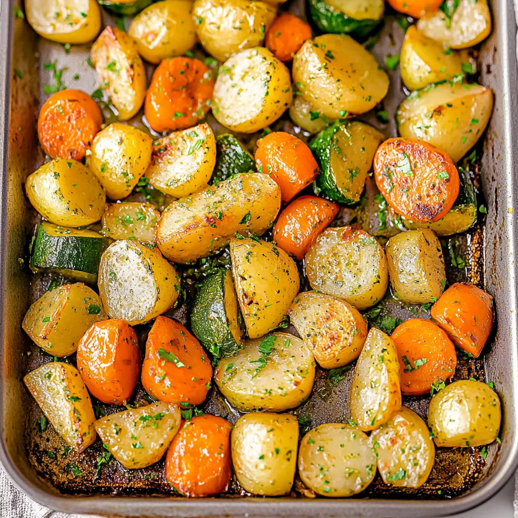 Garlic Herb Roasted Potatoes, Carrots, and Zucchini on a baking sheet with a golden, crispy finish.