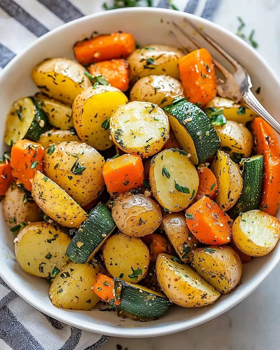 Garlic Herb Roasted Potatoes, Carrots, and Zucchini on a baking sheet with a golden, crispy finish.