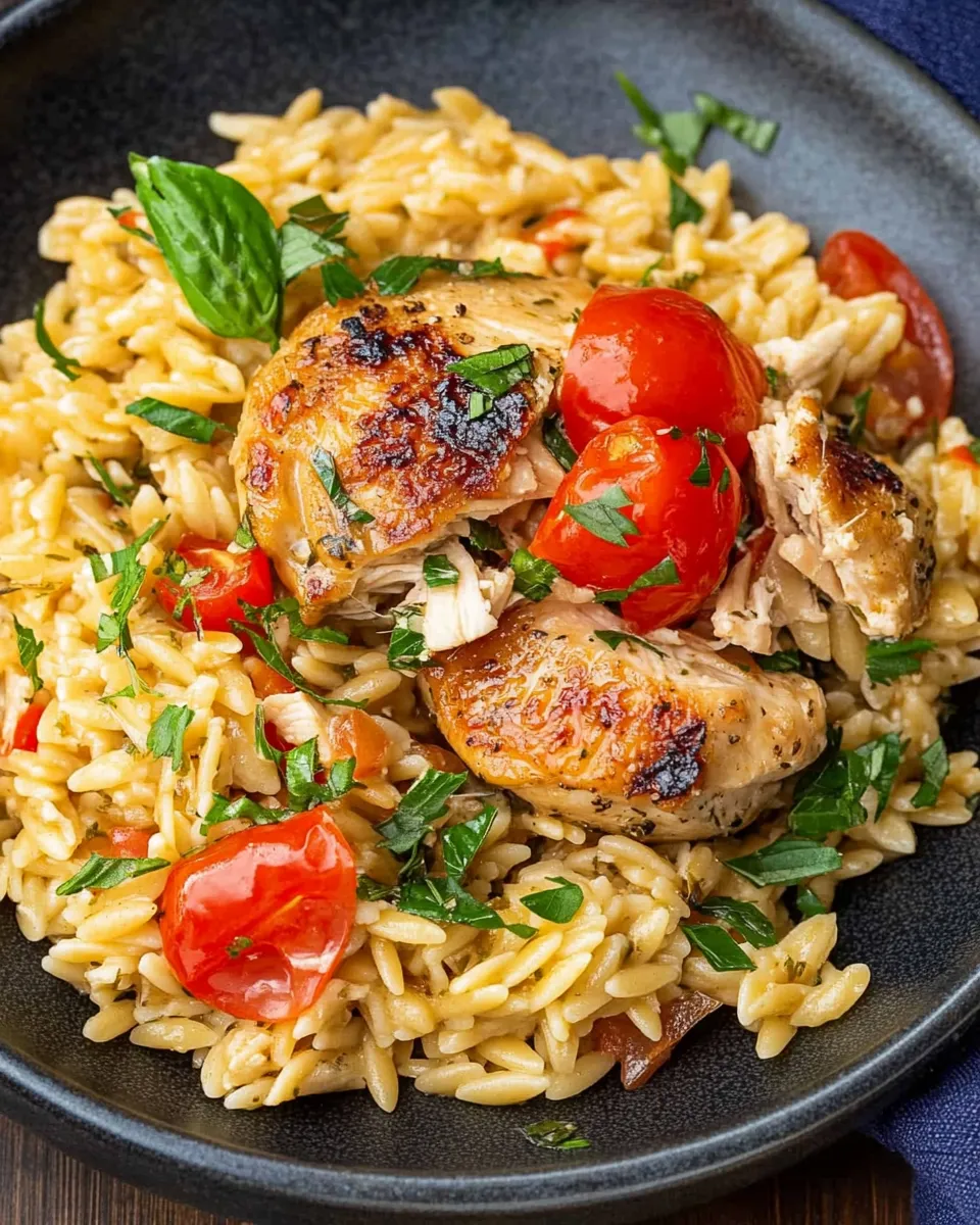 Easy Mediterranean Chicken and Orzo with juicy chicken, tomatoes, spinach, and feta in a flavorful one-pan dish.