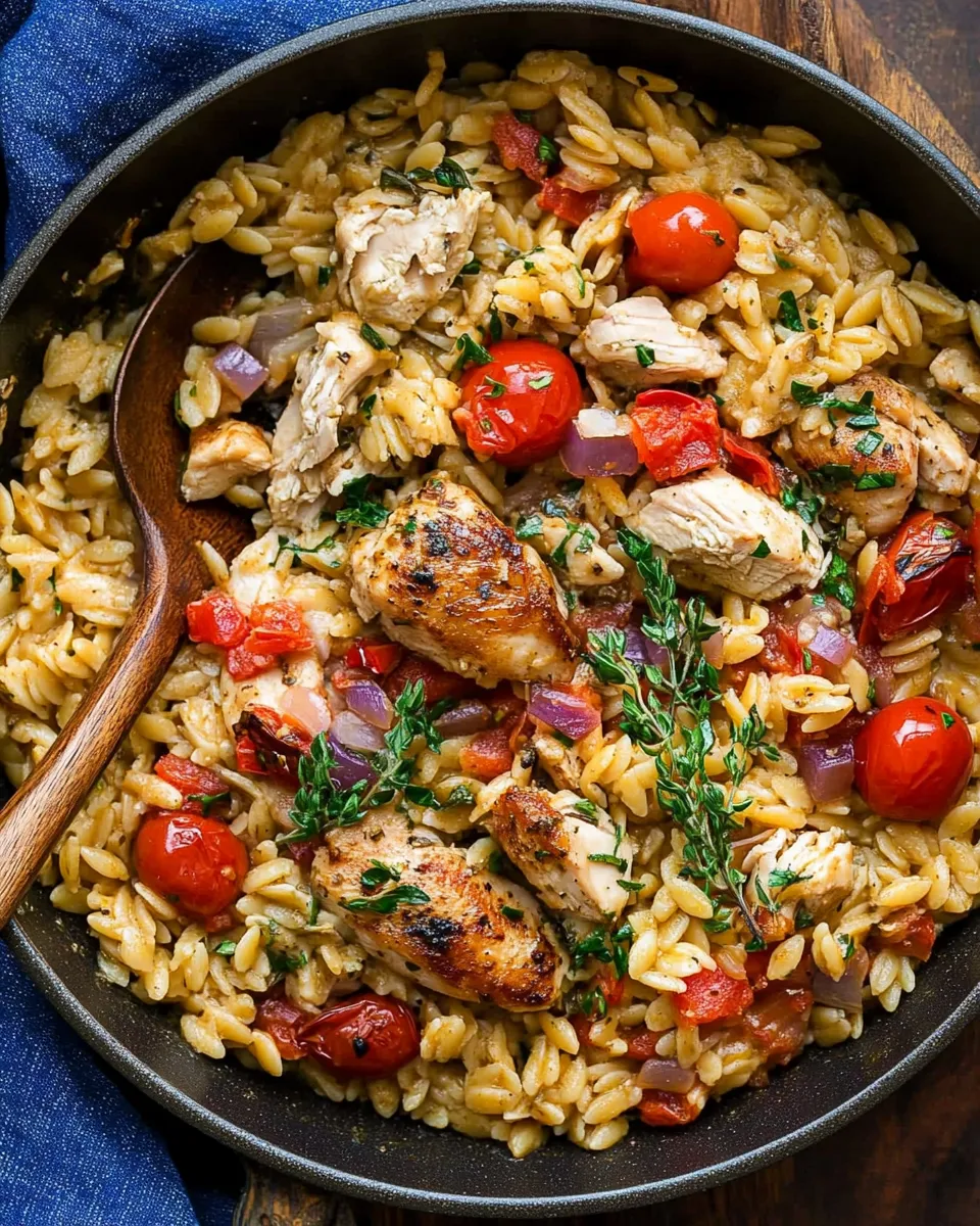 Easy Mediterranean Chicken and Orzo with juicy chicken, tomatoes, spinach, and feta in a flavorful one-pan dish.