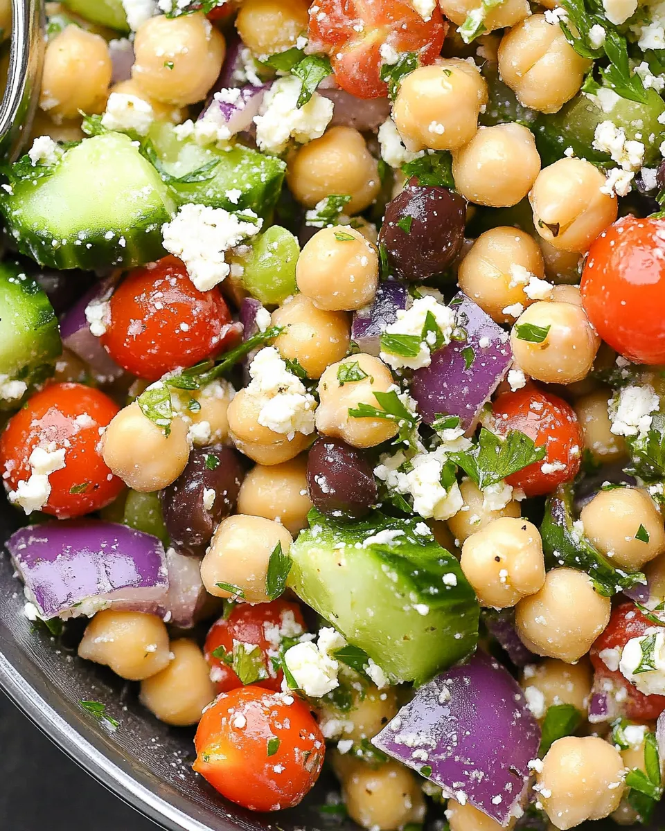 Mediterranean Chickpea Salad with fresh cucumbers, tomatoes, red onions, and feta cheese, drizzled with olive oil.