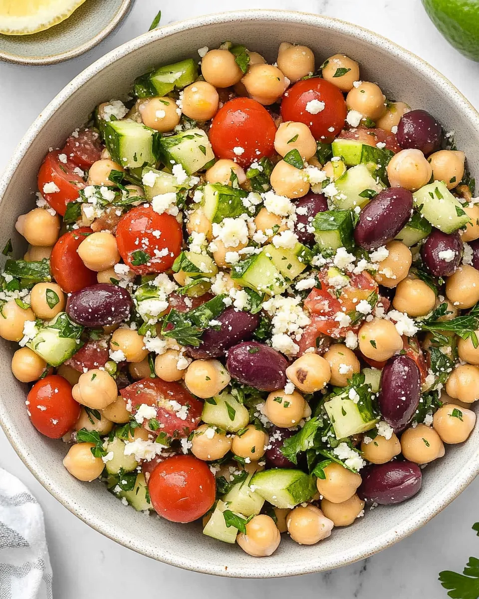 Mediterranean Chickpea Salad with fresh cucumbers, tomatoes, red onions, and feta cheese, drizzled with olive oil.
