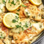 Mediterranean Style Chicken Piccata with lemon slices, capers, and a light, flavorful sauce served on a plate.