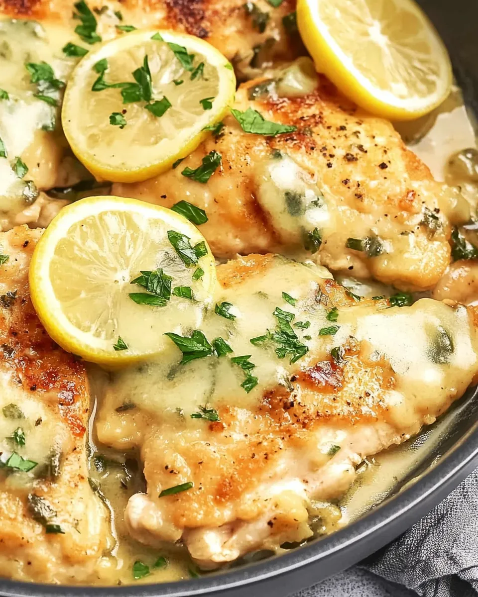 Mediterranean Style Chicken Piccata with lemon slices, capers, and a light, flavorful sauce served on a plate.