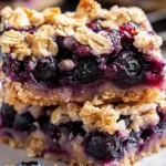 Baked oatmeal with fresh blueberries in a white dish.