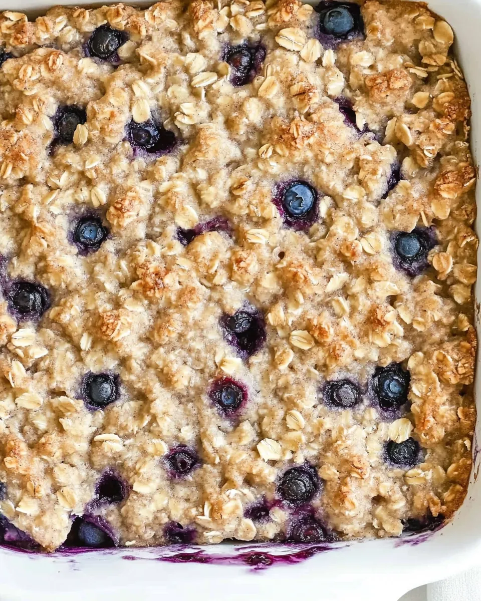 Baked oatmeal with fresh blueberries in a white dish.