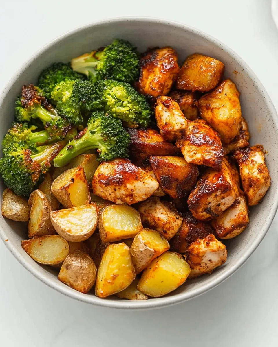 Easy Mediterranean Skinny Chicken and Roasted Potato Bowl with fresh veggies, feta cheese, and a light lemon dressing.
