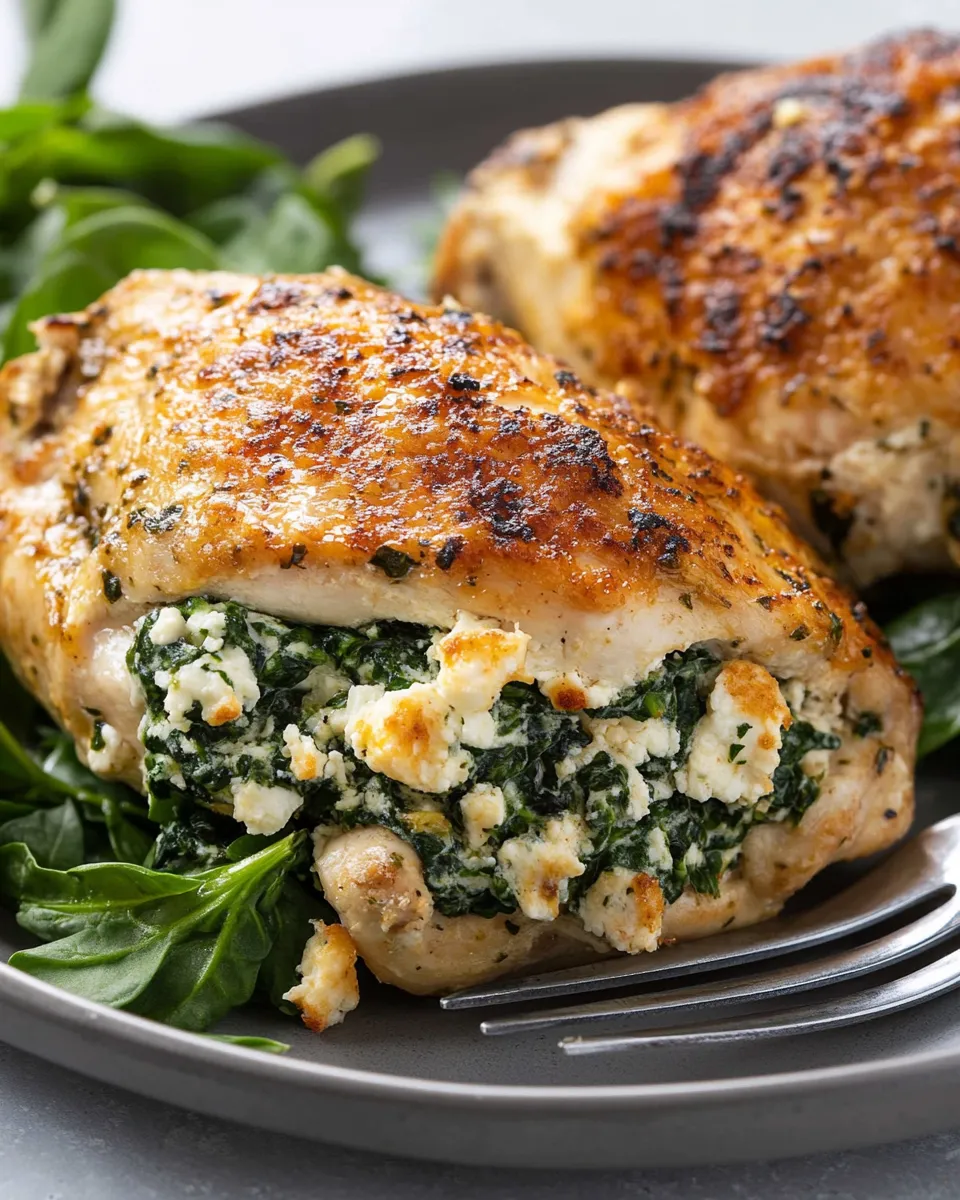 Juicy Spinach Feta Stuffed Chicken breast sliced open, revealing a creamy spinach and feta filling.