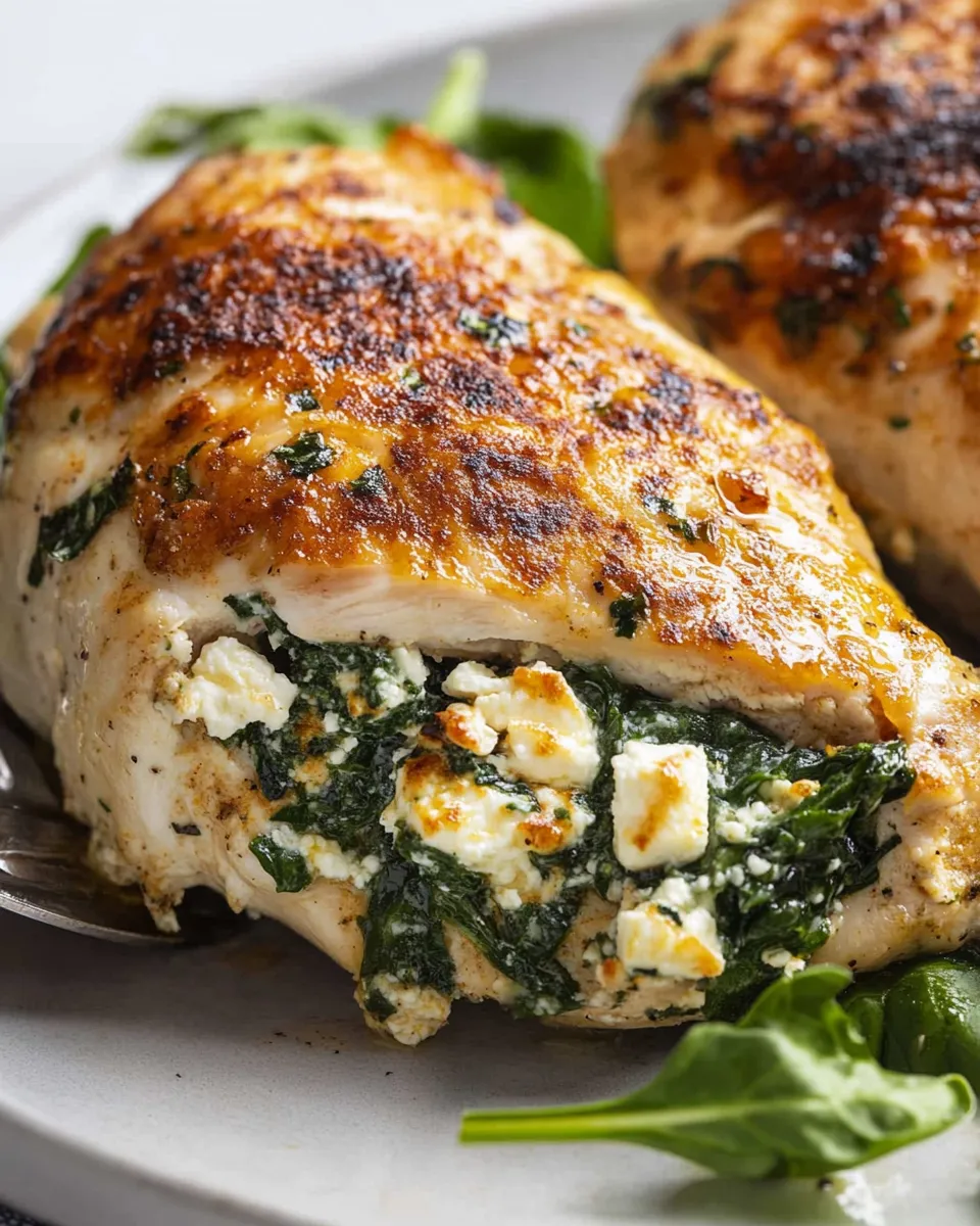 Juicy Spinach Feta Stuffed Chicken breast sliced open, revealing a creamy spinach and feta filling.