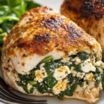 Juicy Spinach Feta Stuffed Chicken breast sliced open, revealing a creamy spinach and feta filling.