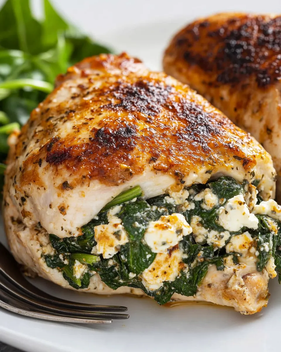 Juicy Spinach Feta Stuffed Chicken breast sliced open, revealing a creamy spinach and feta filling.