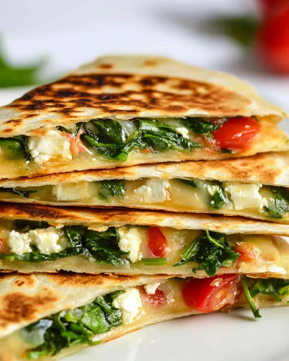 Golden brown Spinach and Feta Quesadillas cut into triangles, filled with melted feta and spinach, served on a plate.
