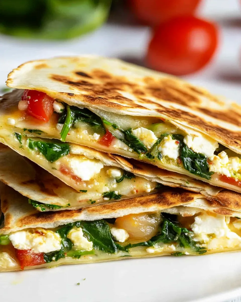 Golden brown Spinach and Feta Quesadillas cut into triangles, filled with melted feta and spinach, served on a plate.