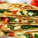 Golden brown Spinach and Feta Quesadillas cut into triangles, filled with melted feta and spinach, served on a plate.