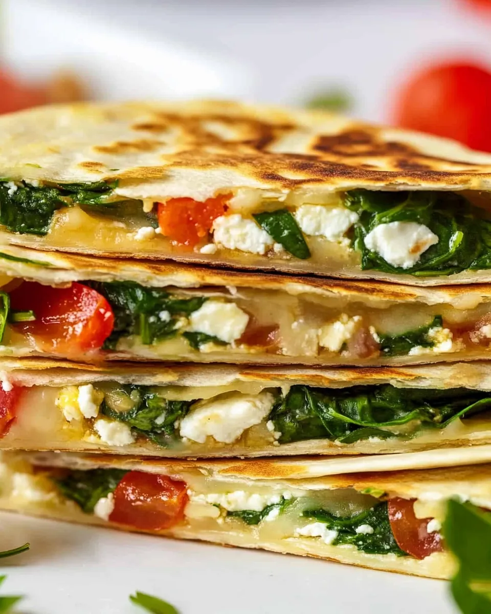 Golden brown Spinach and Feta Quesadillas cut into triangles, filled with melted feta and spinach, served on a plate.