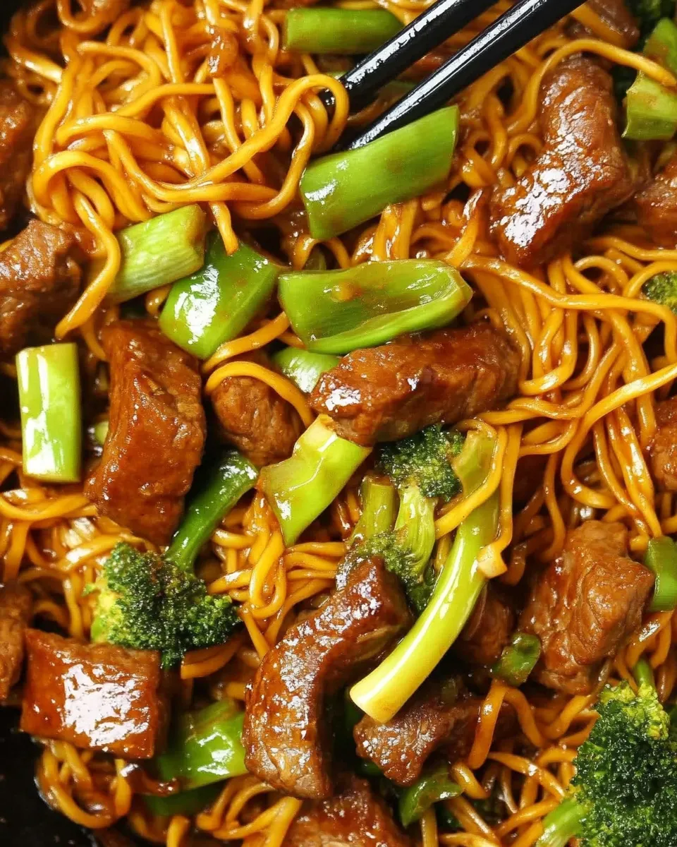 Sticky Beef Noodles with tender beef, savory sauce, and fresh vegetables in a bowl.