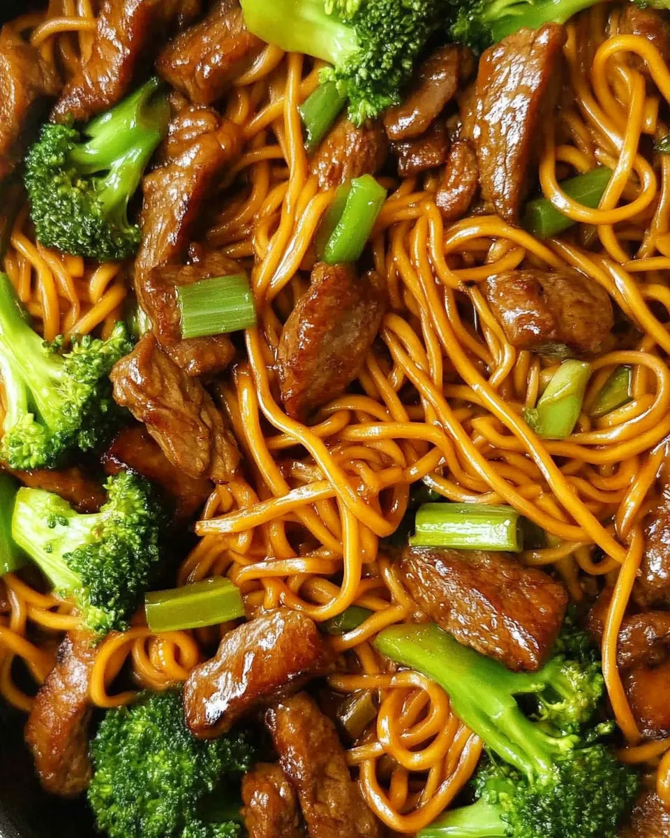 Sticky Beef Noodles with tender beef, savory sauce, and fresh vegetables in a bowl.
