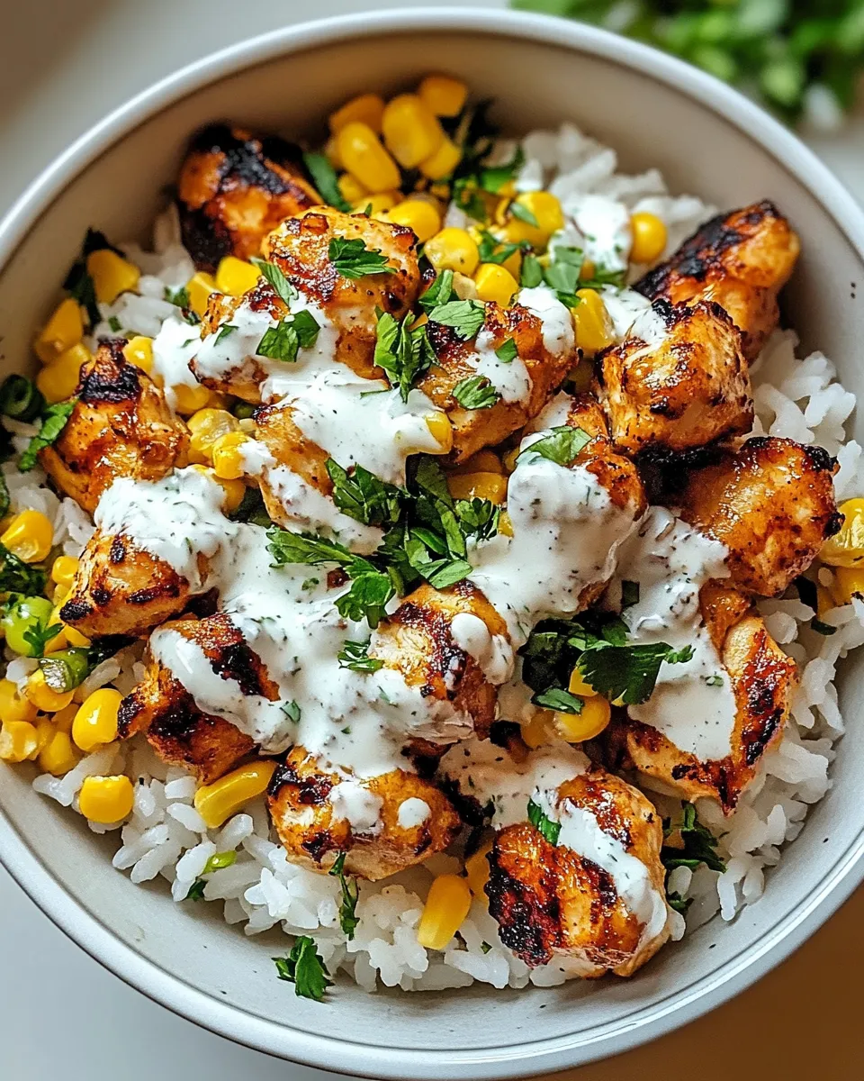 Street Corn Chicken Rice Bowl with grilled chicken, roasted corn, and flavorful toppings in a bowl