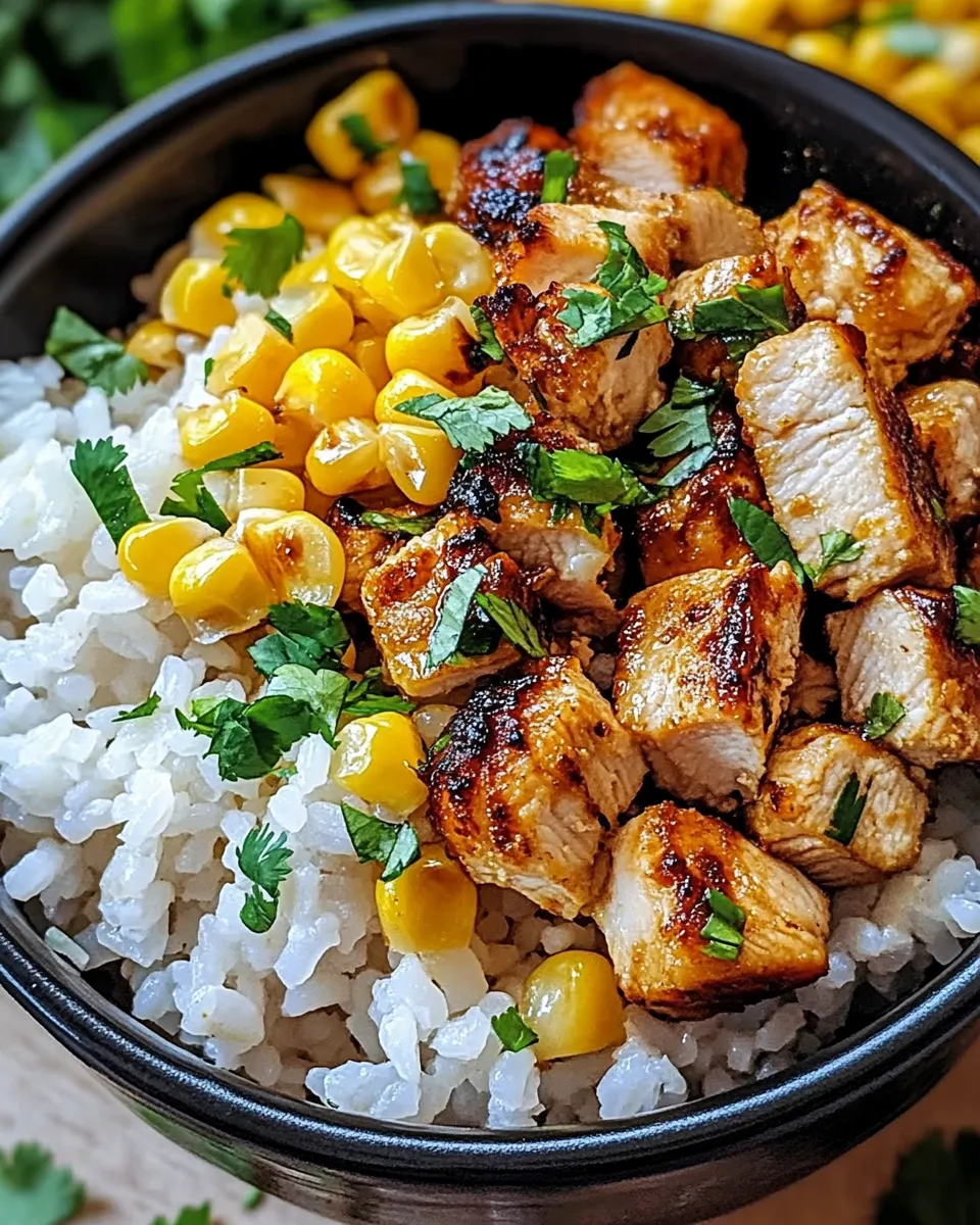 Street Corn Chicken Rice Bowl with grilled chicken, roasted corn, and flavorful toppings in a bowl