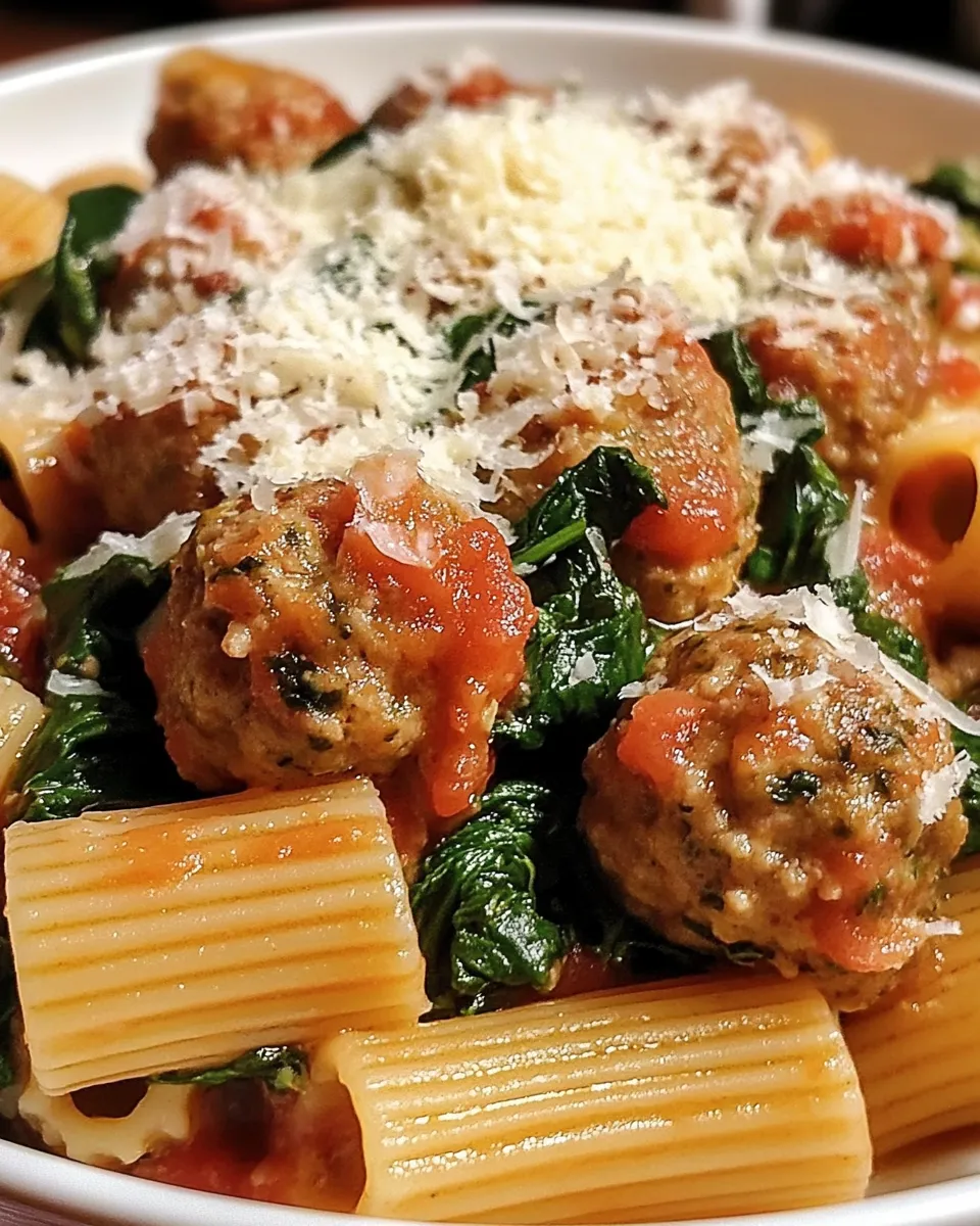 A plate of Turkey & Ricotta Meatballs served over Garlic Spinach Rigatoni, garnished with fresh herbs and parmesan cheese.