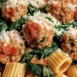 A plate of Turkey & Ricotta Meatballs served over Garlic Spinach Rigatoni, garnished with fresh herbs and parmesan cheese.