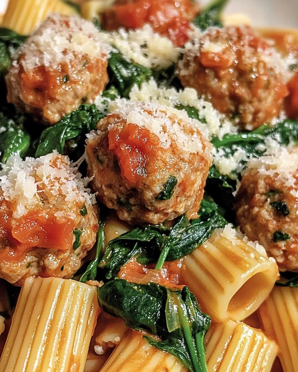 A plate of Turkey & Ricotta Meatballs served over Garlic Spinach Rigatoni, garnished with fresh herbs and parmesan cheese.