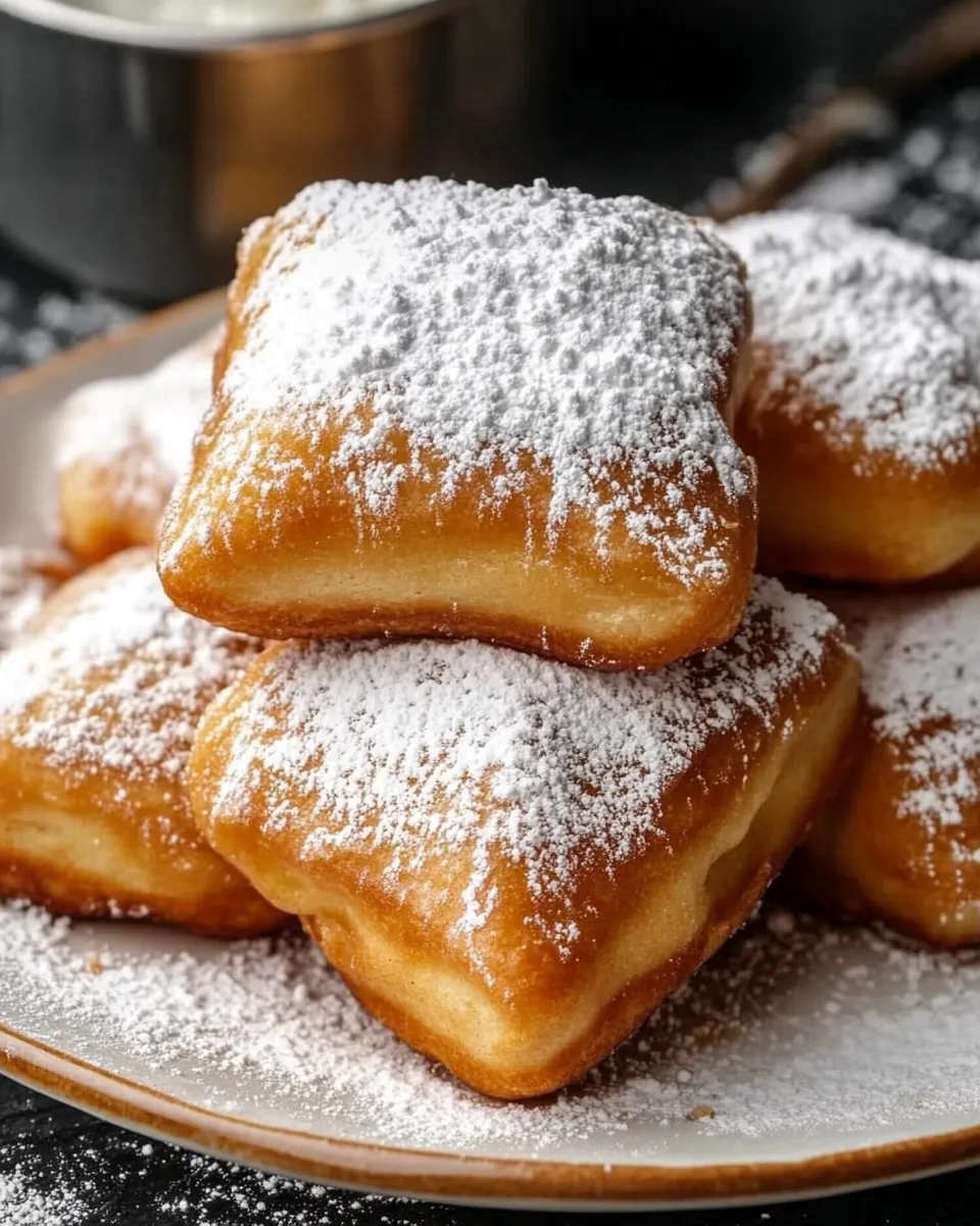Golden, fluffy Vanilla French Beignets dusted with powdered sugar, served on a plate.
