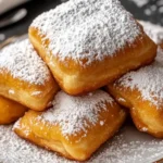 Golden, fluffy Vanilla French Beignets dusted with powdered sugar, served on a plate.