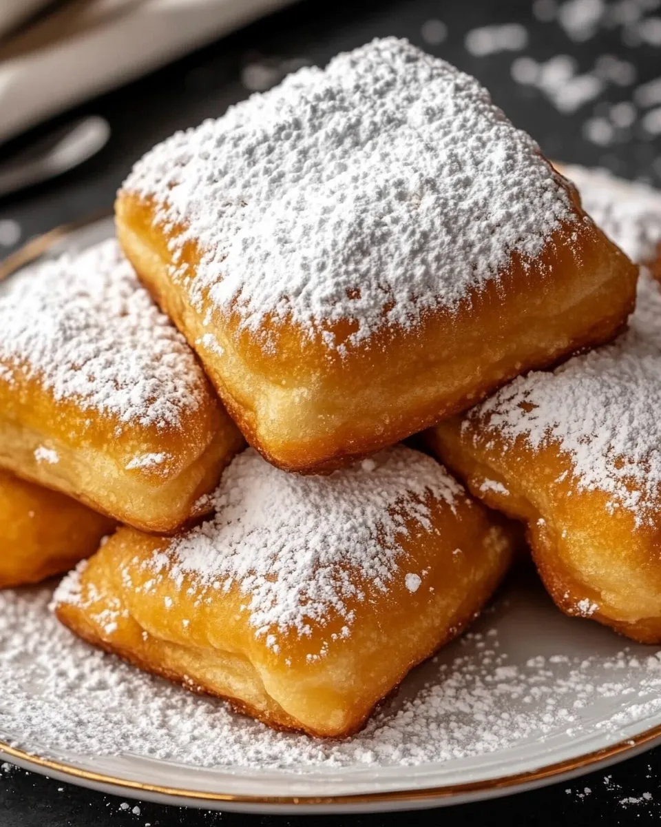 Golden, fluffy Vanilla French Beignets dusted with powdered sugar, served on a plate.