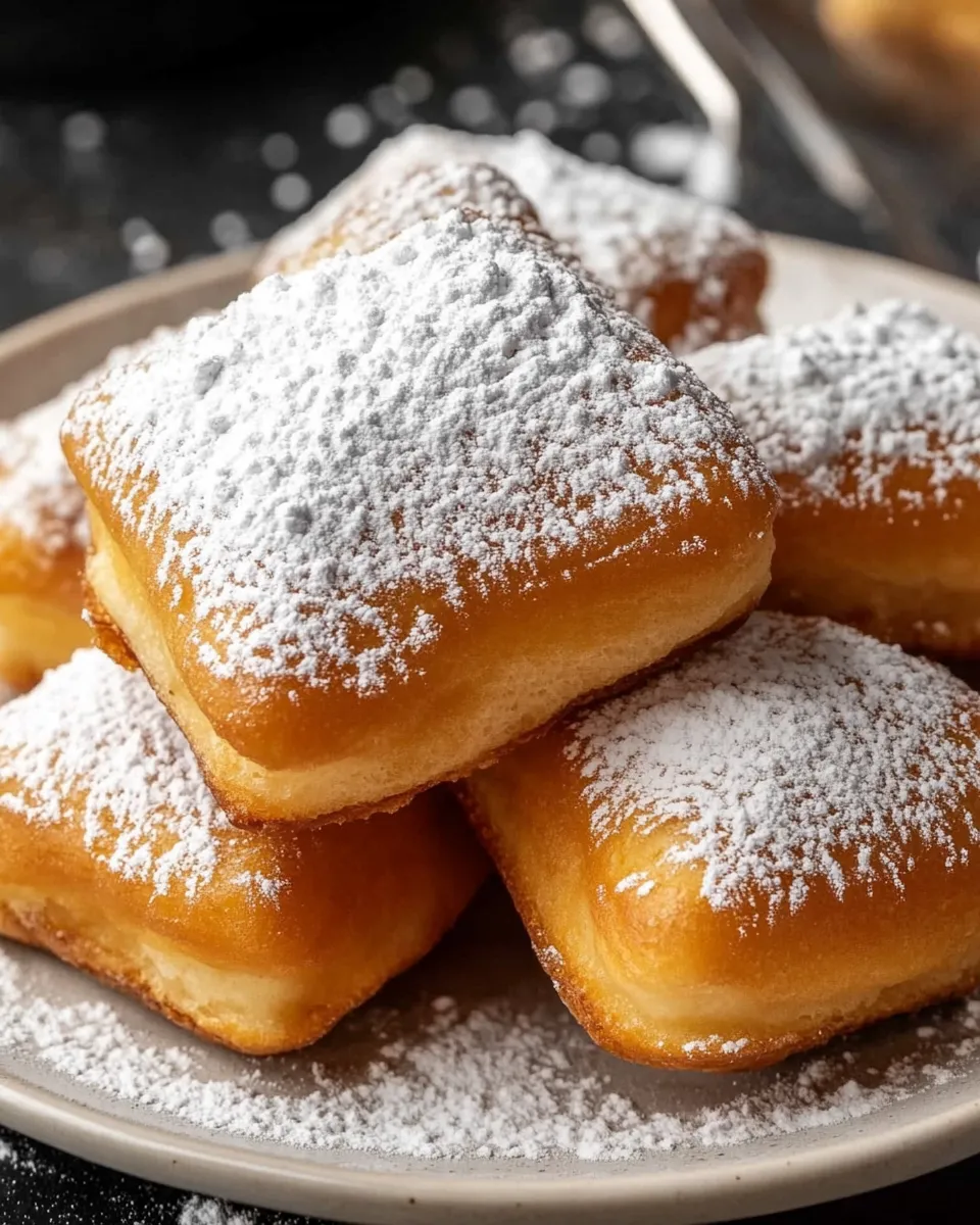 Golden, fluffy Vanilla French Beignets dusted with powdered sugar, served on a plate.