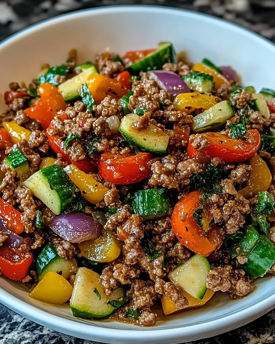 Flavorful Mediterranean Ground Beef Stir Fry with colorful bell peppers, onions, and aromatic herbs, served over fluffy rice on a rustic plate.