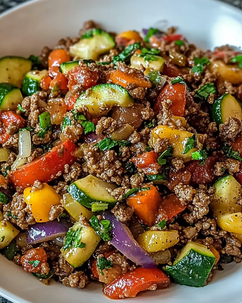 Flavorful Mediterranean Ground Beef Stir Fry with colorful bell peppers, onions, and aromatic herbs, served over fluffy rice on a rustic plate.